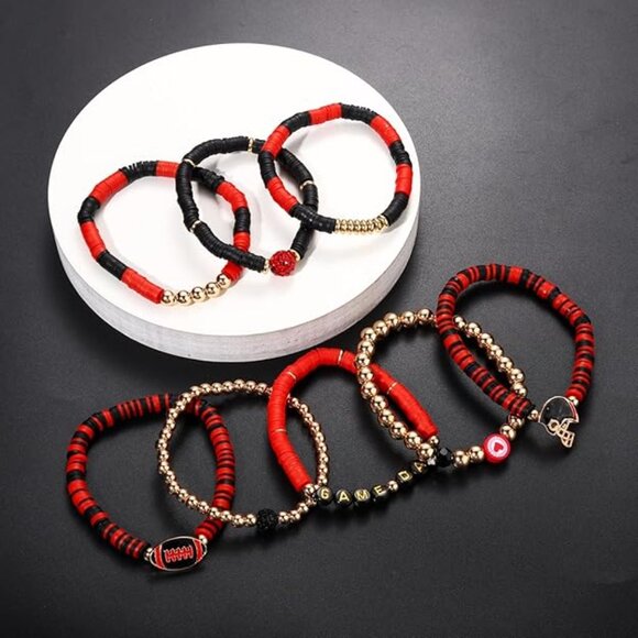 GEORGIA FOOTBALL BULLDOGS 8PC Stretch Bracelet SET Black Red Theme NEW - Picture 5 of 5